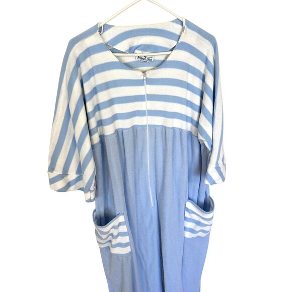 Vtg Womens Blue & White Pool Coverup Striped Terry Cloth Lounge Robe Pockets Med - Picture 1 of 8